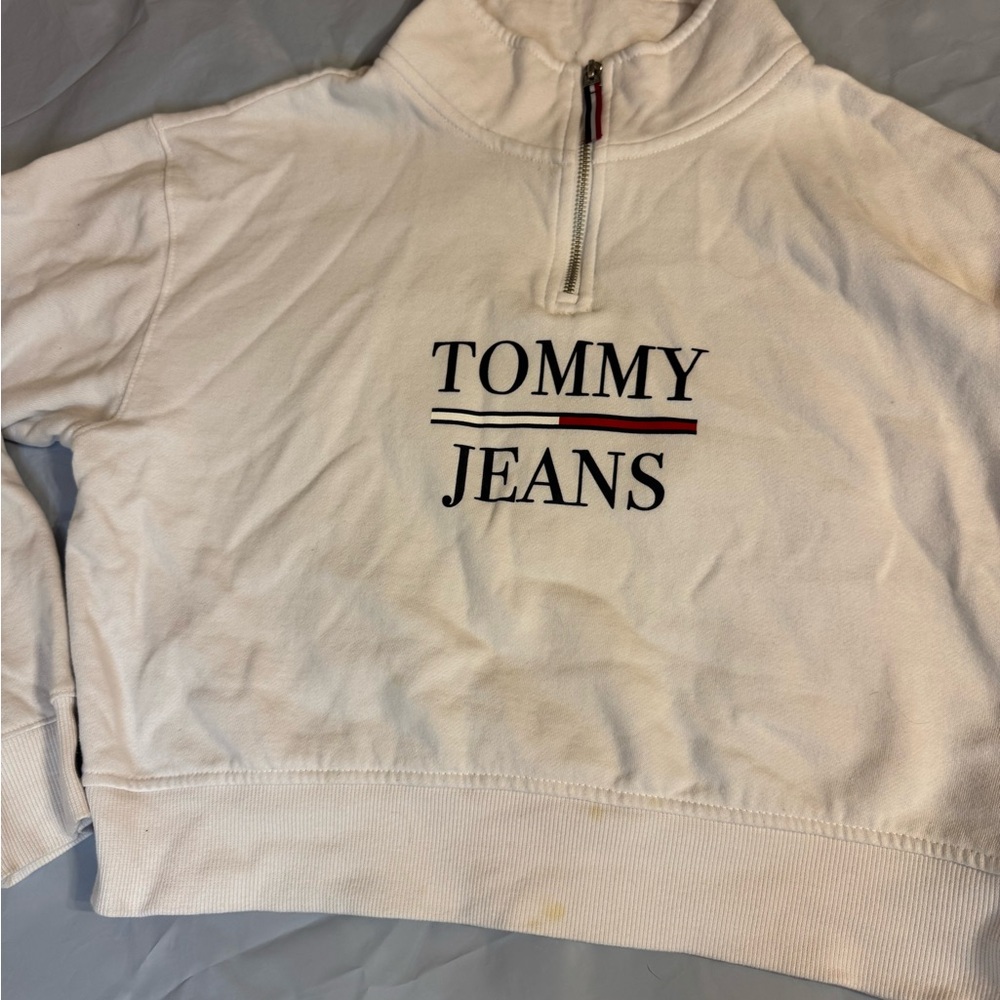 Tommy Hilfiger White Cropped Quarter-Zip Sweatshirt with Logo